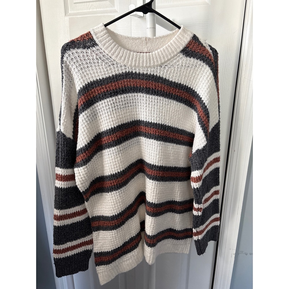 American Eagle Women Striped Waffle Knit Crew Neck Sweater Ivory Grey Rust Small